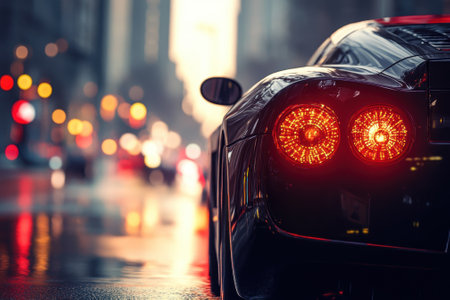 A sleek luxury car with bright taillights stands out on a wet city street at dusk.の写真素材
