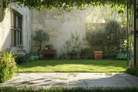 A peaceful garden reveals well-maintained grass, potted plants, and a cozy seating area under natural light.の写真素材