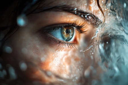 Water droplets catch light on the close-up of a person's eye, creating a captivating and artistic effect.の写真素材