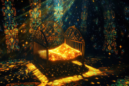 A glowing bed surrounded by vibrant, shimmering patterns creates a dreamlike atmosphere in a mystical setting.の写真素材