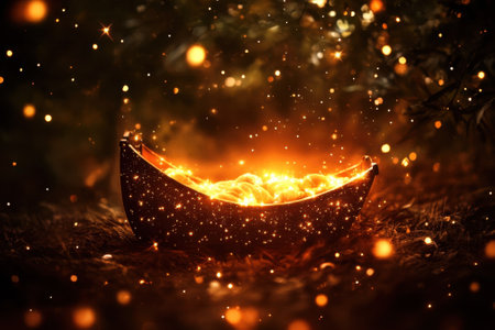 A bowl filled with warm, glowing orbs emits light in a darkened forest, creating a magical atmosphere.の写真素材