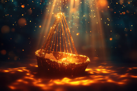 A woven basket rests in still water, surrounded by shimmering light, evoking a tranquil and enchanting mood.の写真素材