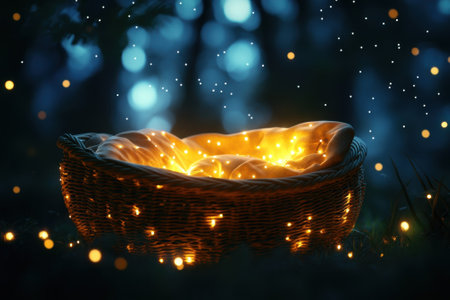 Glowing lights emanate from a woven basket placed on the forest floor, creating a magical atmosphere at night.の写真素材