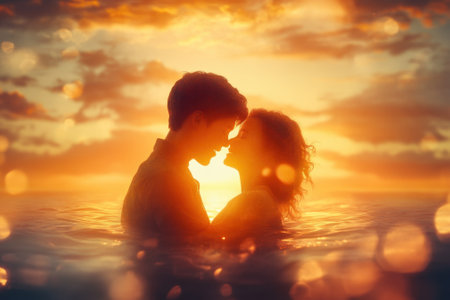 Couple shares a loving moment while standing in ocean water at sunset, basking in warm colors.の写真素材