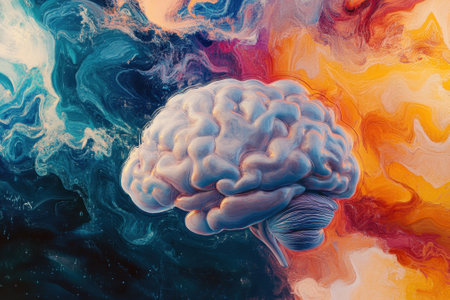 Swirling colors surround a detailed brain illustration, showing the beauty of cognitive processes and creativity.の写真素材