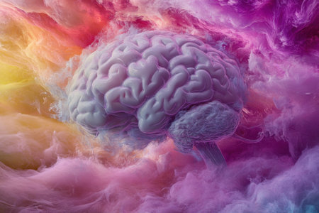 A brain floats amid swirling colorful clouds, creating a captivating and vibrant visual effect.の写真素材