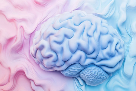 A detailed brain model sits against a backdrop of swirling pink and blue hues, illustrating creativity and thought.の写真素材