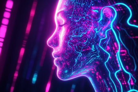 A neon-lit human profile with intricate digital patterns stands out against a dark background.の写真素材