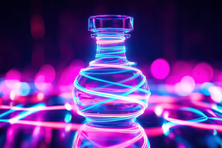 A glass bottle sits on a surface, surrounded by vibrant light trails in neon colors creating an artistic effect.の写真素材