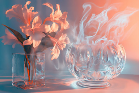 A stylish tabletop features a crystal vase with swirling mist alongside a vibrant arrangement of lilies.の写真素材