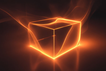 A glowing cube emits radiant orange lines and swirls, creating a captivating visual effect in darkness.の写真素材