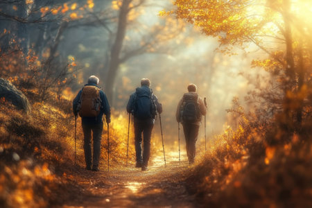 Three hikers trek along a forest path surrounded by vibrant autumn foliage and soft sunlight.の写真素材