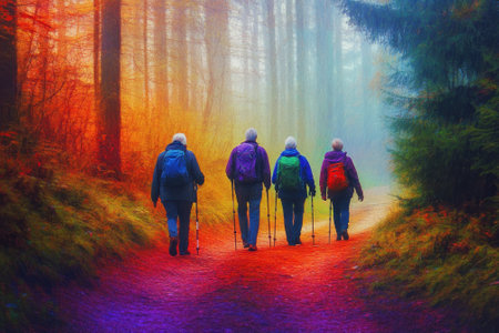 A group of elderly hikers strolls along a vibrant, misty forest path, experiencing the beauty of nature.の写真素材