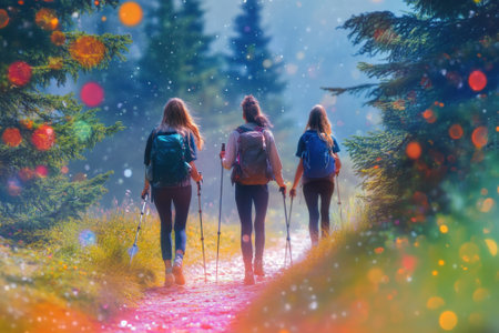 Three hikers with backpacks explore a forest path, surrounded by tall trees and natural beauty.の写真素材