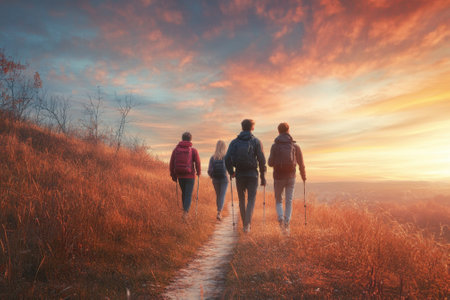 Four friends walk along a grassy trail, enjoying a beautiful sunset in a tranquil outdoor setting.の写真素材