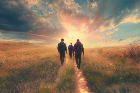 Four hikers journey along a scenic path as the sun sets, illuminating the landscape with warm colors.の写真素材