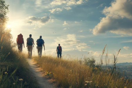 A group of four hikers strolls up a hillside trail under a colorful sunset sky.の写真素材