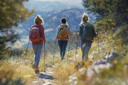Three friends trek along a picturesque mountain path surrounded by greenery and scenic views on a sunny day.の写真素材