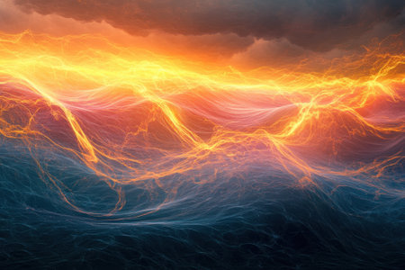 Colorful waves dance against a dramatic sky, blending warm and cool tones as day turns to night.の写真素材