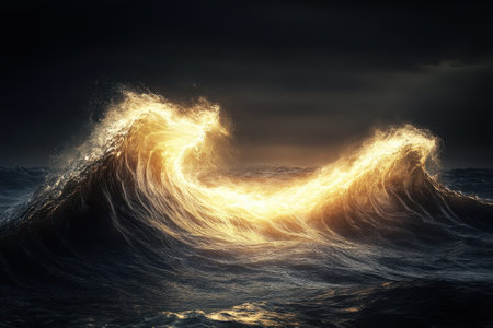 Bright waves rise dramatically, shining against the dark ocean and atmospheric sky at twilight.の写真素材