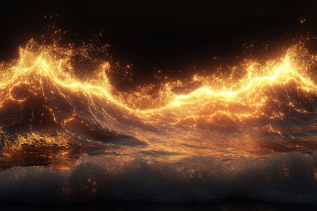 Waves crash on the shore at night, illuminated by a warm glow, creating a mesmerizing visual effect.の写真素材