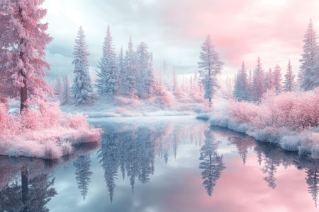Snow-covered trees surround a serene lake, reflecting soft pink and pastel colors at sunrise in winter.の写真素材