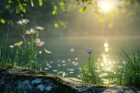 Wildflowers bloom by a peaceful lake as the sun rises, illuminating the surroundings with soft light.の写真素材