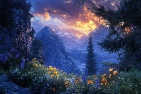 Colorful flowers bloom in the foreground as a stunning sunset illuminates the mountain range and clouds.の写真素材