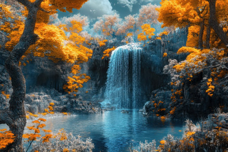 A stunning waterfall cascades into a clear pool, framed by vivid orange foliage under a dramatic sky.の写真素材