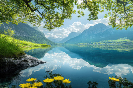 Clear water reflects lush mountains and clouds while vibrant flowers edge the scenic lakefront.の写真素材