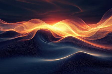Bright colors merge in fluid waves as the sun sets, reflecting beauty across the calm surface of the sea.の写真素材