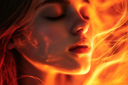 A woman with flowing hair experiences a moment of peace, bathed in warm light that enhances her features.の写真素材