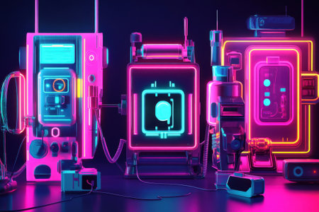 Futuristic technology devices illuminated in vibrant neon colors create a captivating visual display.の写真素材