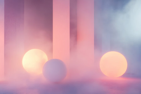 Softly glowing spheres create a captivating atmosphere amidst pastel colors and gentle mist.の写真素材