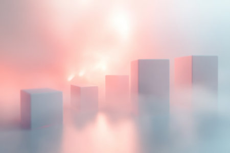Cubes in pastel colors are partially obscured by mist, creating a serene atmosphere during dawn.の写真素材