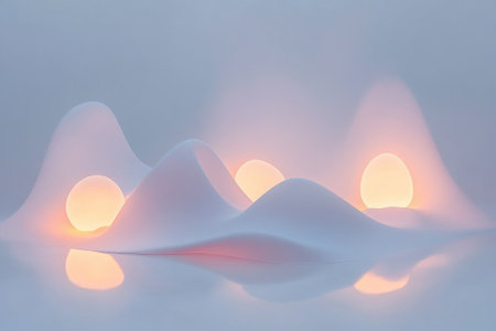 Soft white hills cradle glowing orbs in a tranquil and ethereal setting, creating a calm ambiance.の写真素材