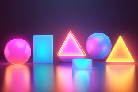 Brightly lit geometric shapes create a stunning visual effect against a dark background, featuring vibrant hues.の写真素材