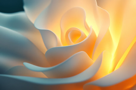 Close-up view of a delicate white rose with soft petals glowing warmly, creating a serene ambiance.の写真素材