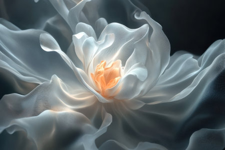 A beautiful flower unfolds with soft, translucent petals, glowing gently in a tranquil atmosphere.の素材