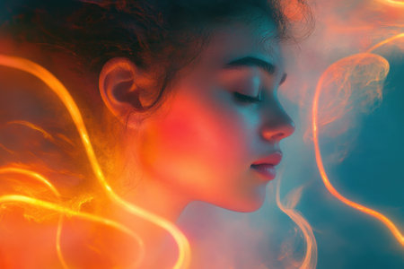 A young woman with closed eyes is bathed in vibrant colors and ethereal light, creating a dreamy atmosphere.の写真素材