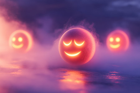 Three cheerful, glowing smiley faces rise from a foggy atmosphere, reflecting joy near a tranquil lake at dusk.の写真素材