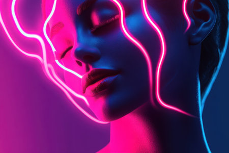 A woman poses with closed eyes as vibrant neon lights create flowing patterns around her face.の写真素材