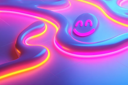 Vibrant neon lines create an abstract design with a cheerful face, showing bright colors in a playful manner.の写真素材