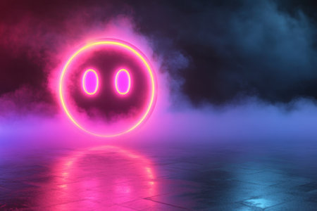 A vibrant smiley face made of neon light stands prominently in a misty setting, creating a lively atmosphere.の写真素材
