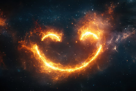A bright smile formed with fiery elements shines brightly against a dark cosmic background filled with stars.の写真素材