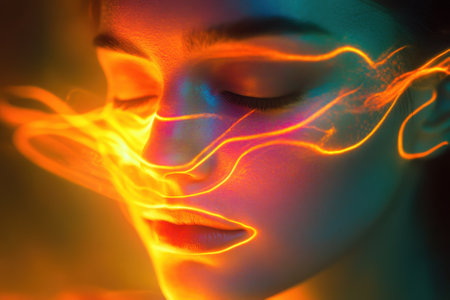 A woman with closed eyes has luminous lines gently tracing her face, creating a dreamy and surreal atmosphere.の写真素材