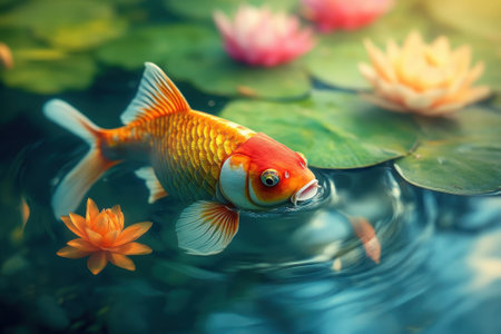 A vibrant koi fish glides through a tranquil pond, surrounded by colorful water lilies under soft light.の写真素材