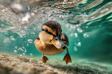 A duck gracefully swims just below the surface, creating bubbles in the vibrant water.の写真素材
