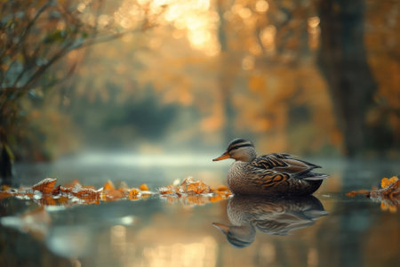A tranquil moment captured with a mallard duck floating on still water, surrounded by fallen autumn leaves.の写真素材