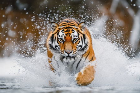 A powerful tiger splashes through the snow, showing its strength and grace in a natural habitat.の写真素材